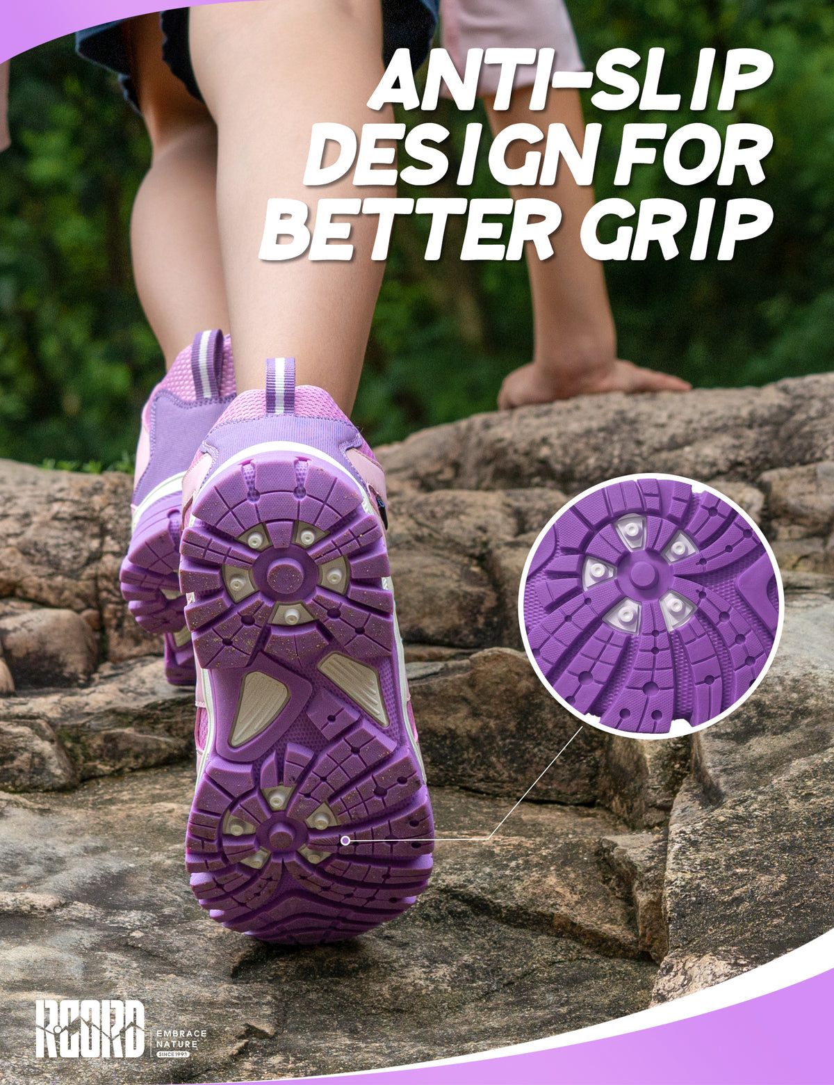 Non-slip kids hiking boots with a grippy outsole for school, playground, walking and changing outdoor surfaces [color:Purple]