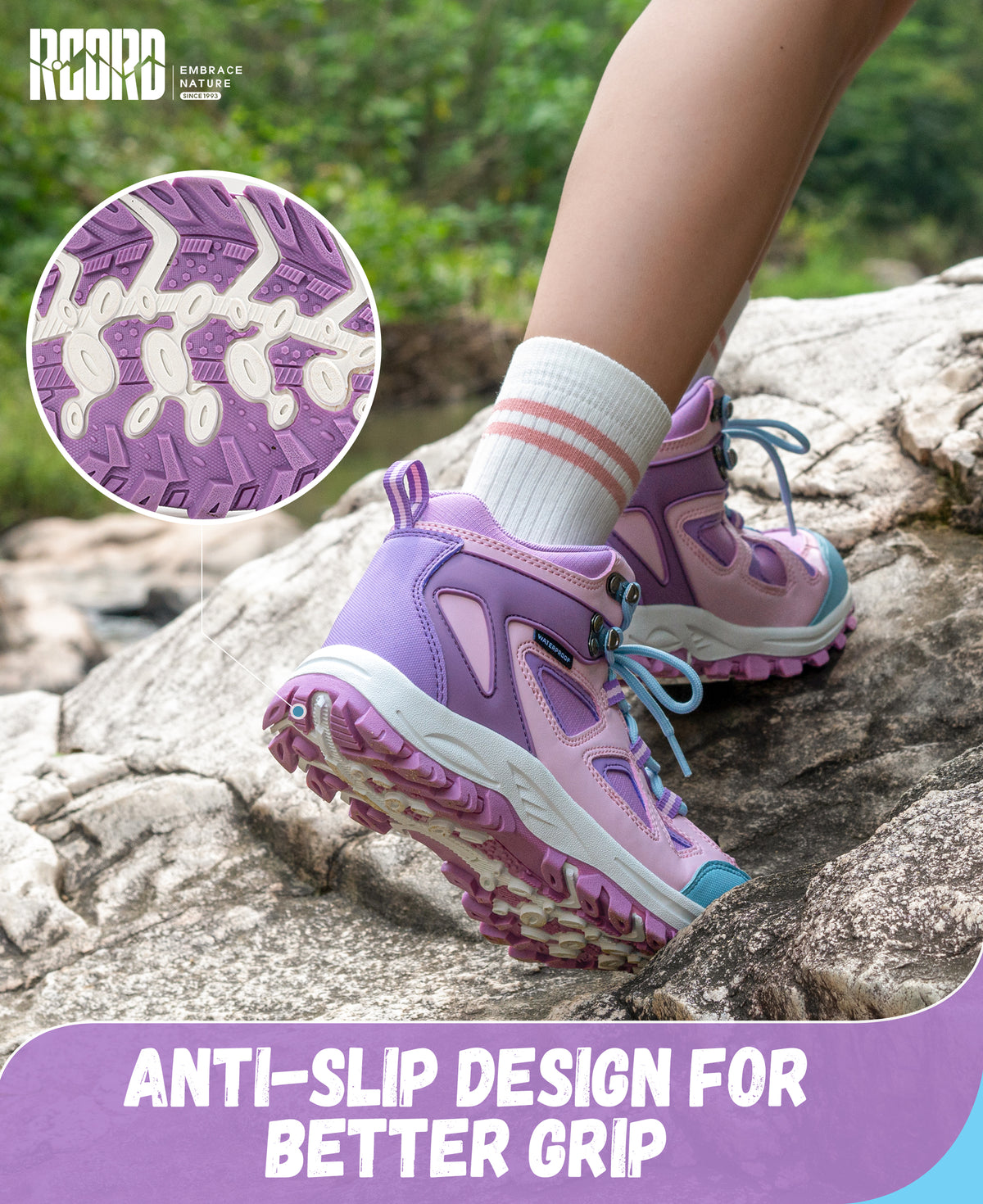 Non-slip kids hiking boots with a grippy outsole for nature walks, day hikes, warm-weather trails and changing outdoor surfaces [color:Purple]