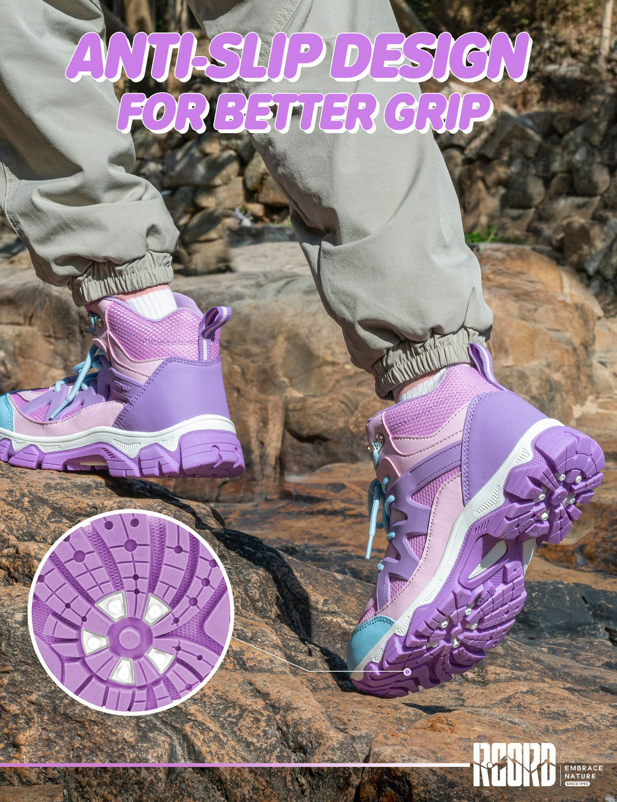 Non-slip kids hiking boots with a grippy outsole for park, travel, easy trails and changing outdoor surfaces [color:Purple]