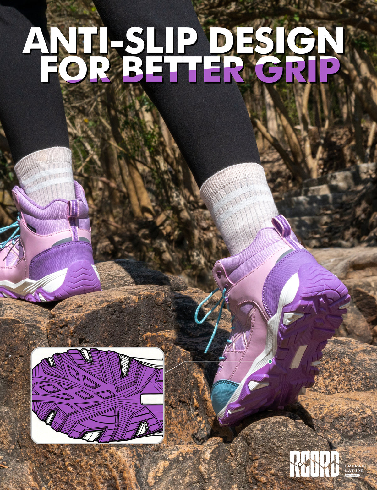 Non-slip girls hiking boots with a grippy outsole for playground, park, outdoor play and changing outdoor surfaces [color:Purple]