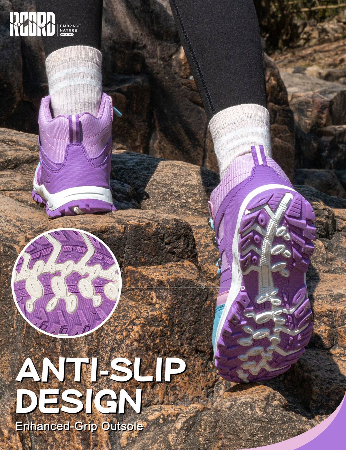 Non-slip kids hiking boots with a grippy outsole for school, park, weekend walks and changing outdoor surfaces [color:Purple]