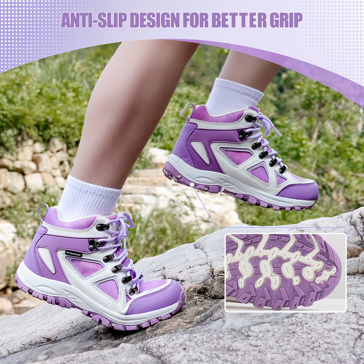 Non-slip kids hiking boots with a grippy outsole for family hiking, camping and changing outdoor surfaces [color:PurpleWhite]