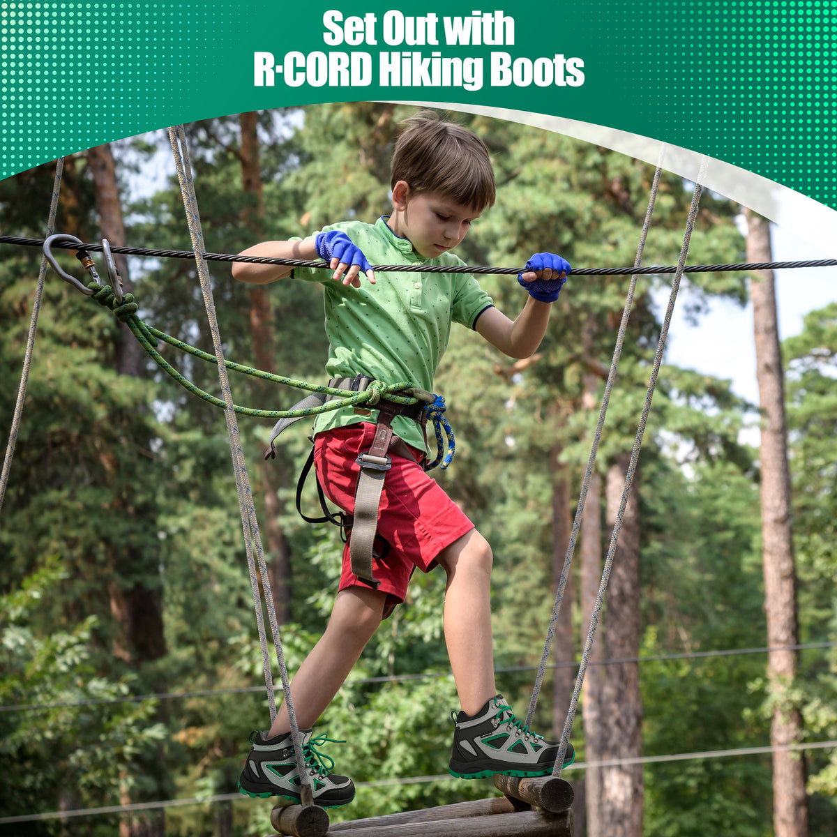 Waterproof kids hiking boots for family hiking, camping, with waterproof comfort and outdoor protection [color:BlackGreen]