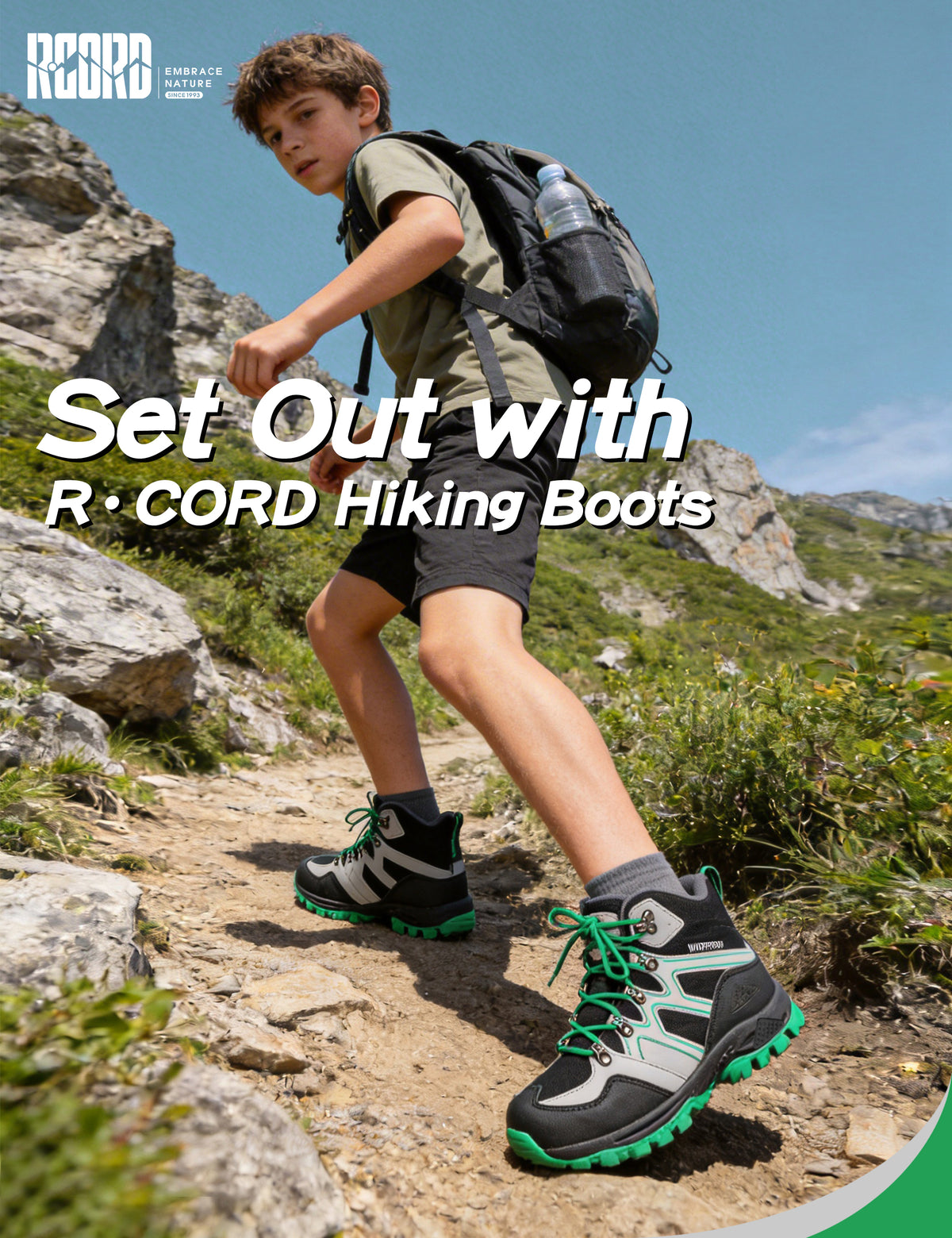 Kids hiking boots with protective toe coverage for school, park, weekend walks, with waterproof comfort and outdoor protection [color:BlackGreen]