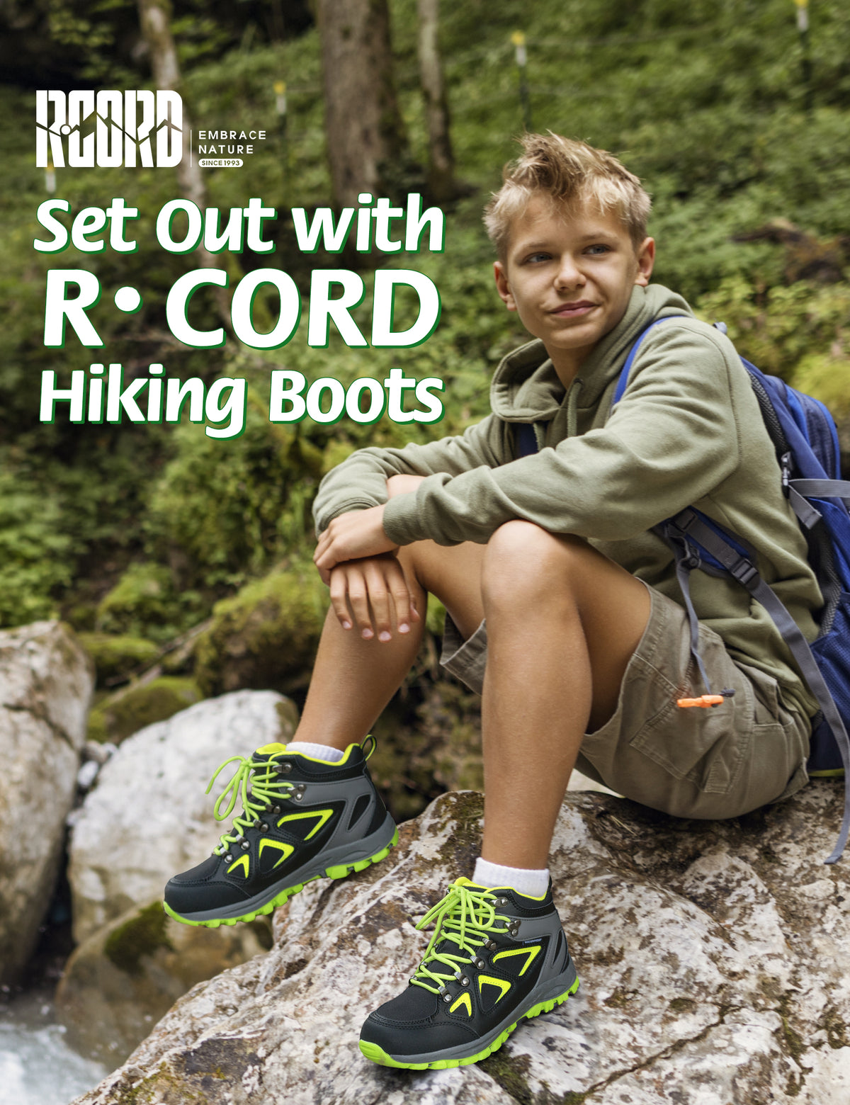Waterproof kids hiking boots for family hiking, camping, with waterproof comfort and outdoor protection [color:NeonGreen]
