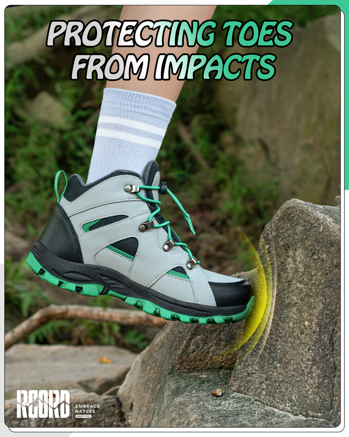 kids hiking boots with a protective toe cap for active play, walks and outdoor adventures [color:BlackGreen]