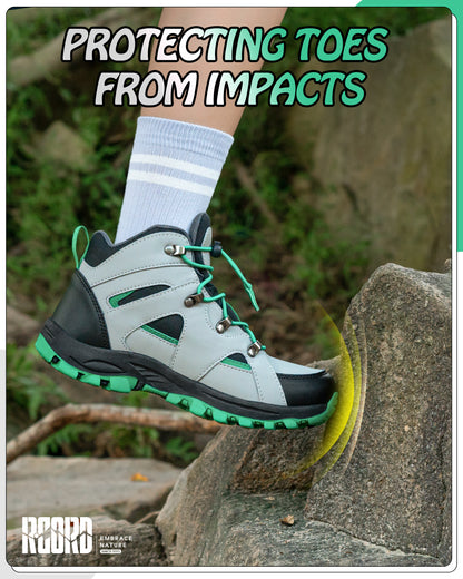 kids hiking boots with a protective toe cap for active play, walks and outdoor adventures [color:BlackGreen]