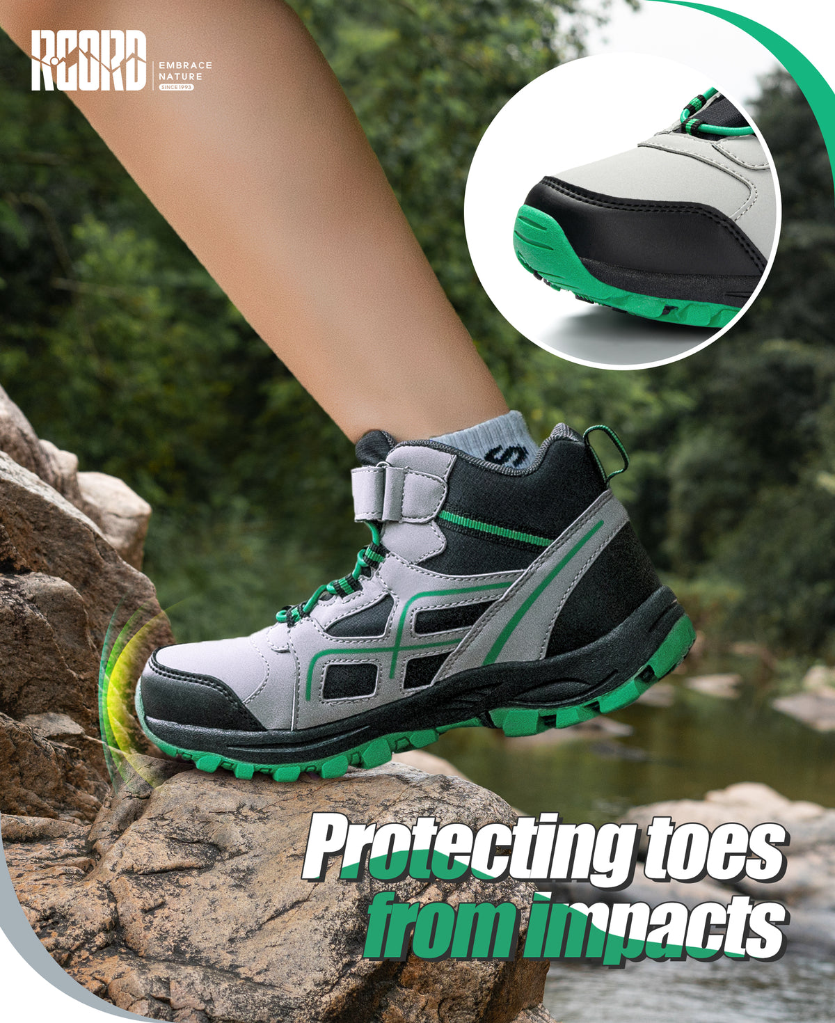 girls hiking boots with toe protection for bumps, rocks and outdoor obstacles [color:BlackGreen]