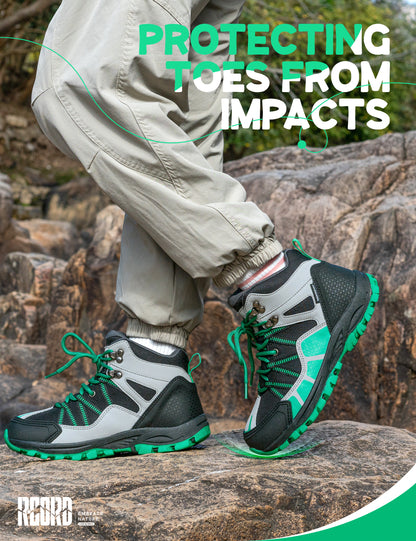 kids hiking boots with toe protection for bumps, rocks and outdoor obstacles [color:BlackGreen]