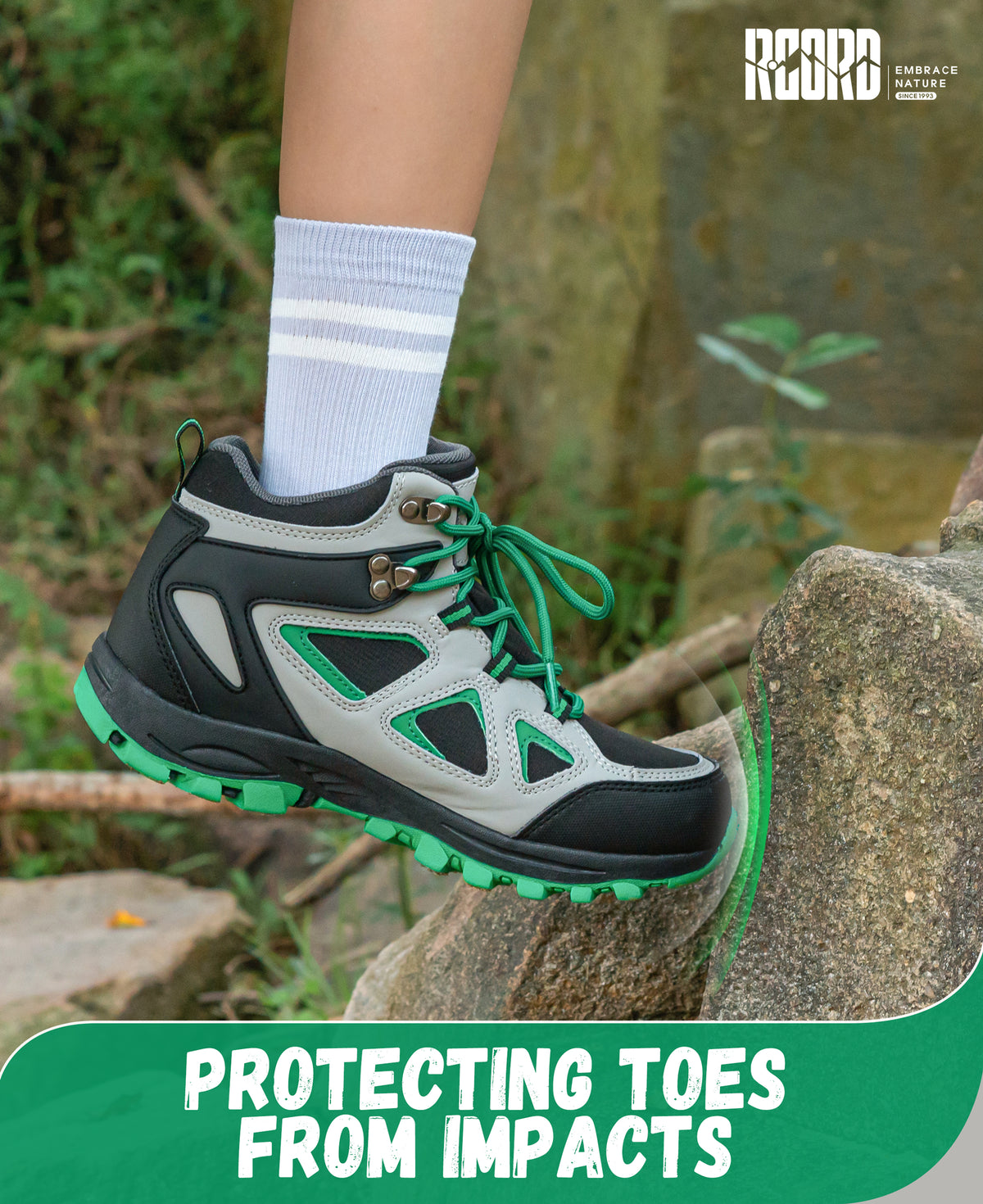 kids hiking boots with toe protection for bumps, rocks and outdoor obstacles [color:BlackGreen]