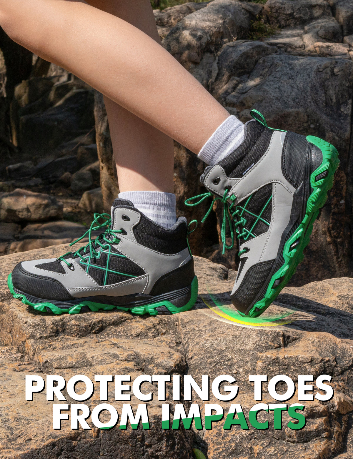 girls hiking boots with a protective toe cap for active play, walks and outdoor adventures [color:BlackGreen]