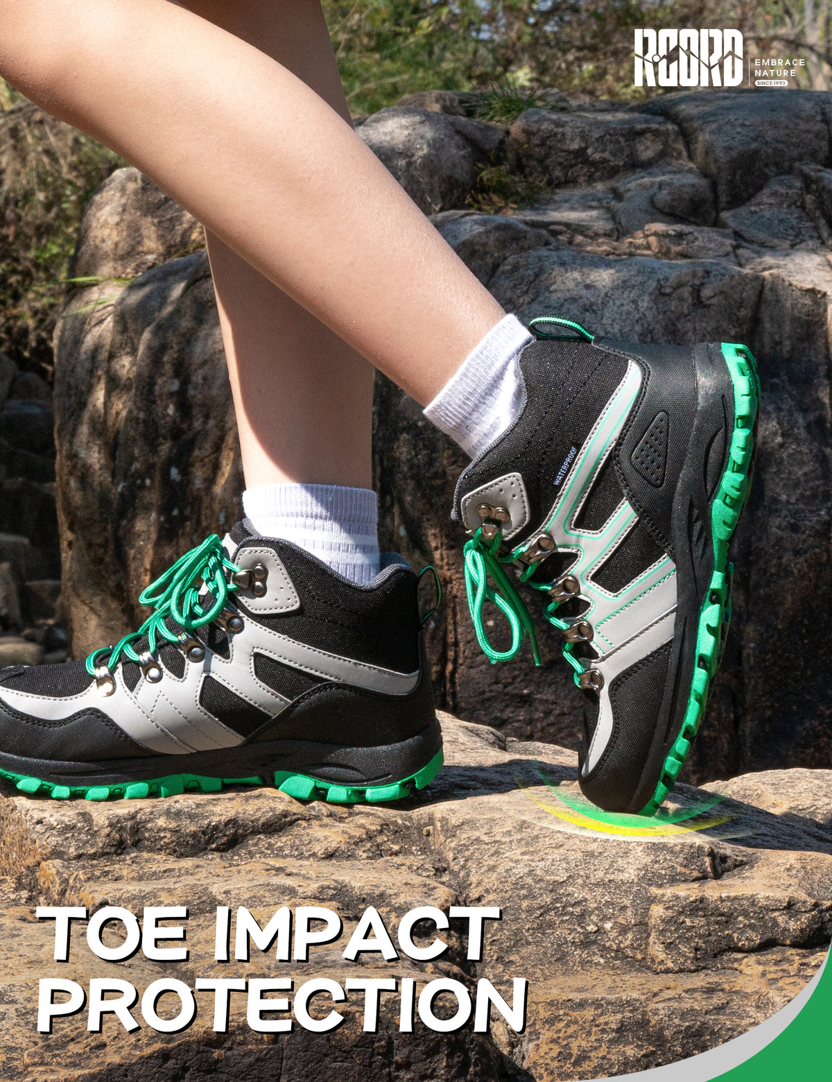 kids hiking boots with a protective toe cap for active play, walks and outdoor adventures [color:BlackGreen]