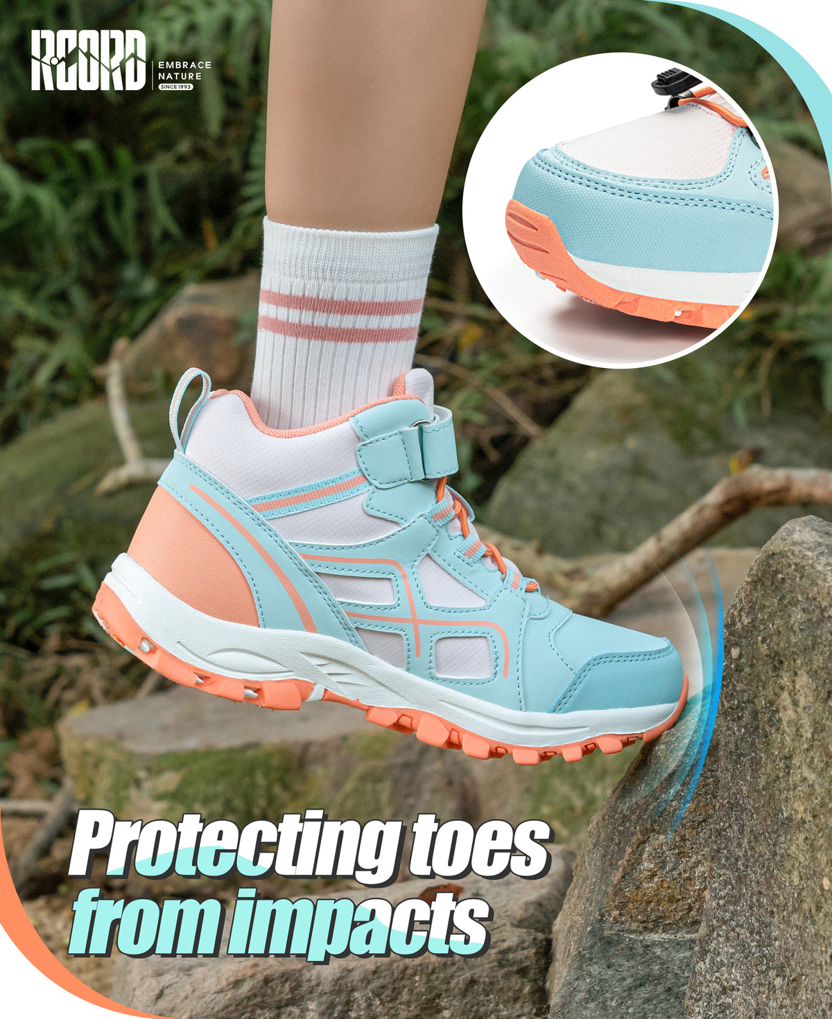 girls hiking boots with toe protection for bumps, rocks and outdoor obstacles [color:BluePeach]