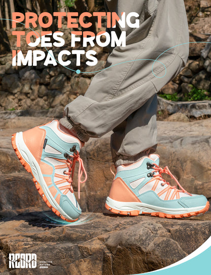 kids hiking boots with toe protection for bumps, rocks and outdoor obstacles [color:BluePeach]