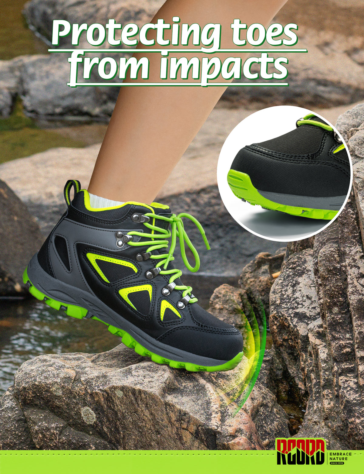 kids hiking boots with toe protection for bumps, rocks and outdoor obstacles [color:NeonGreen]