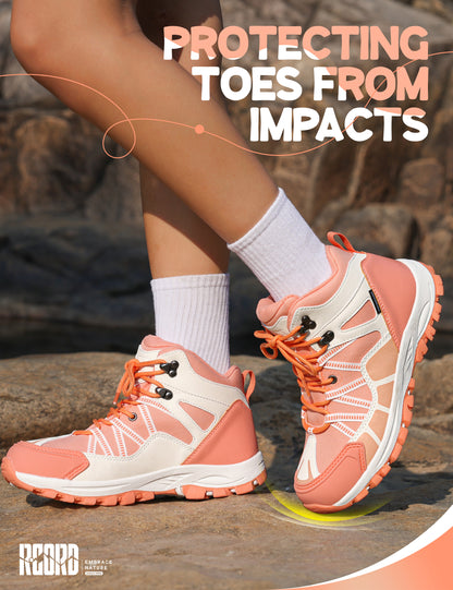 kids hiking boots with toe protection for bumps, rocks and outdoor obstacles [color:Peach]