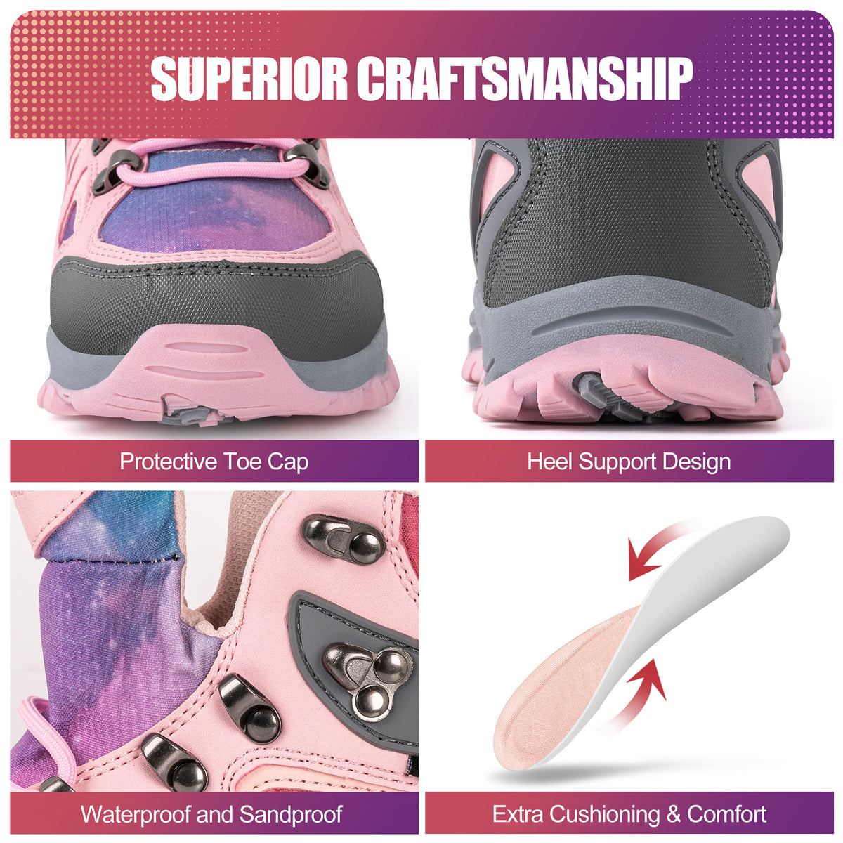 kids hiking boots with toe protection for bumps, rocks and outdoor obstacles [color:Pink]