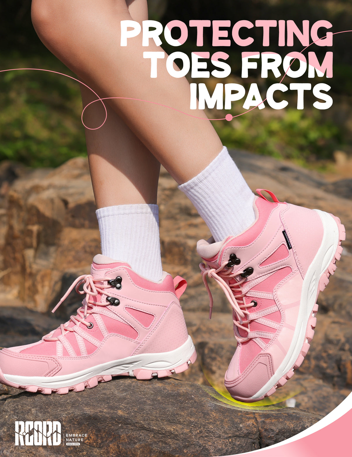 kids hiking boots with toe protection for bumps, rocks and outdoor obstacles [color:Pink]