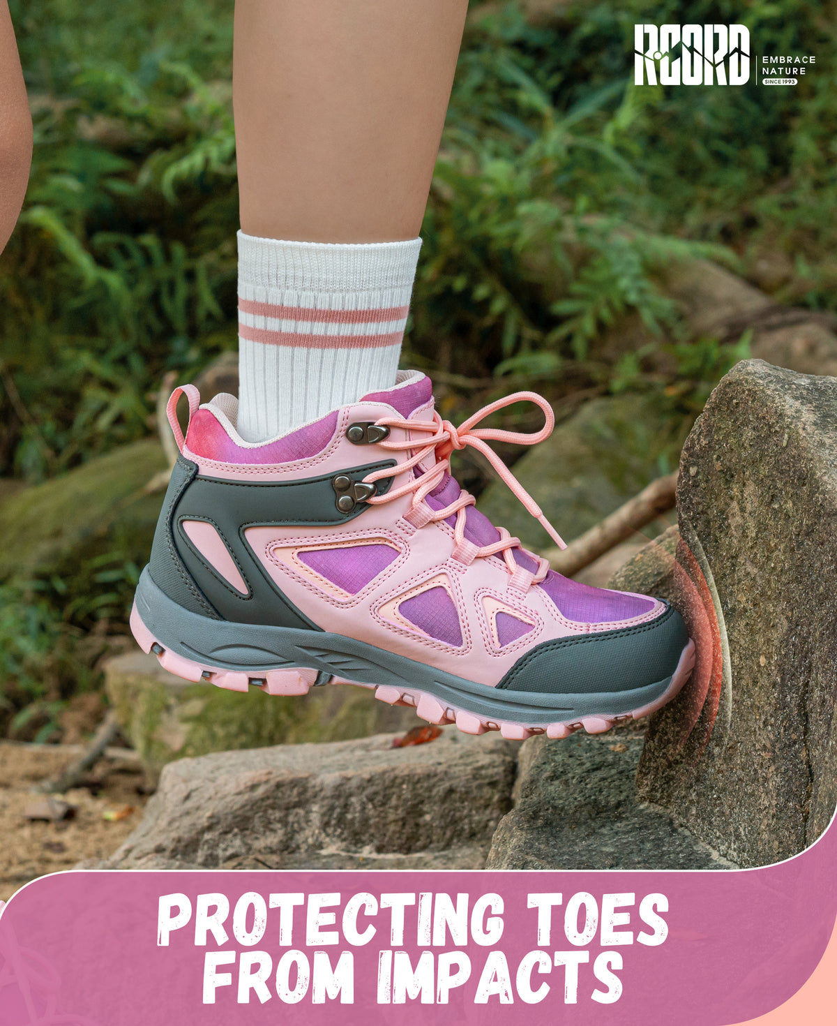 kids hiking boots with toe protection for bumps, rocks and outdoor obstacles [color:Pink]