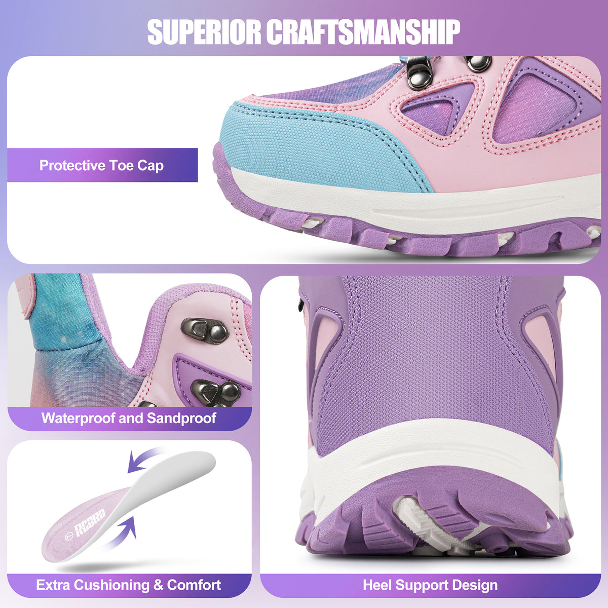 kids hiking boots with toe protection for bumps, rocks and outdoor obstacles [color:Purple]
