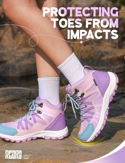 kids hiking boots with toe protection for bumps, rocks and outdoor obstacles [color:Purple]