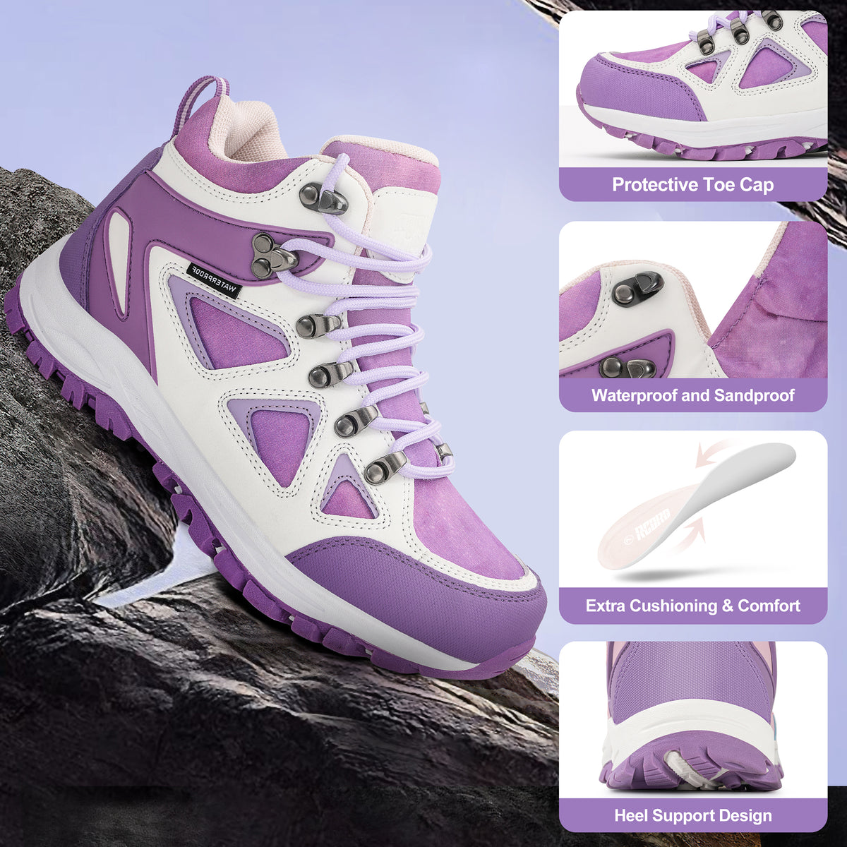kids hiking boots with toe protection for bumps, rocks and outdoor obstacles [color:PurpleWhite]