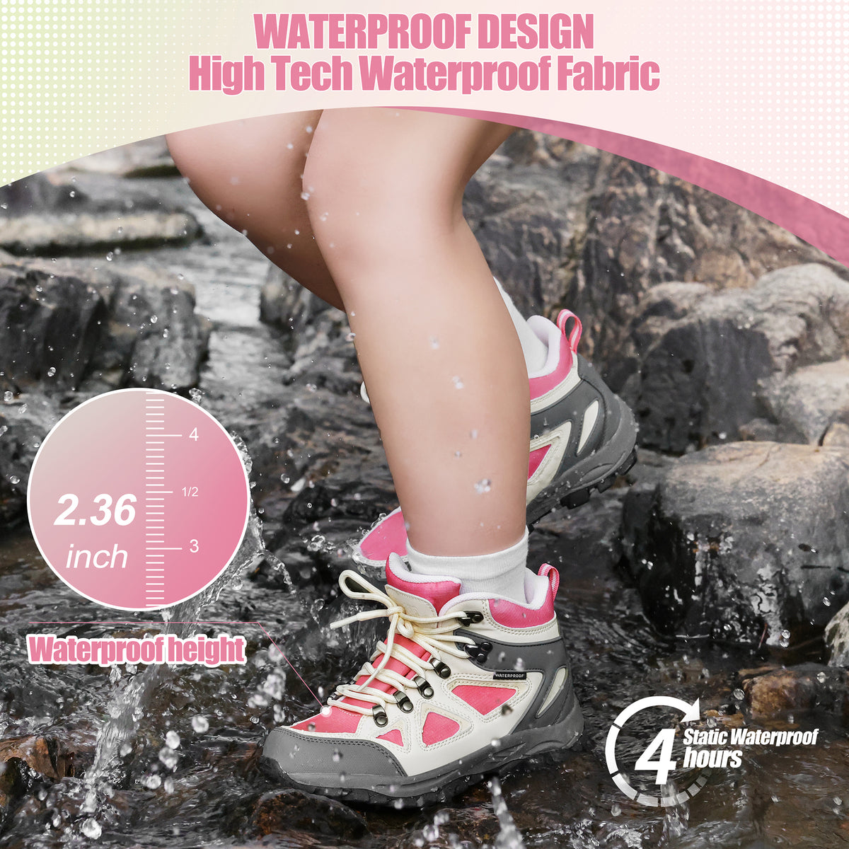 kids hiking boots with waterproof protection for family hiking, camping, wet grass and light rain [color:Beige]