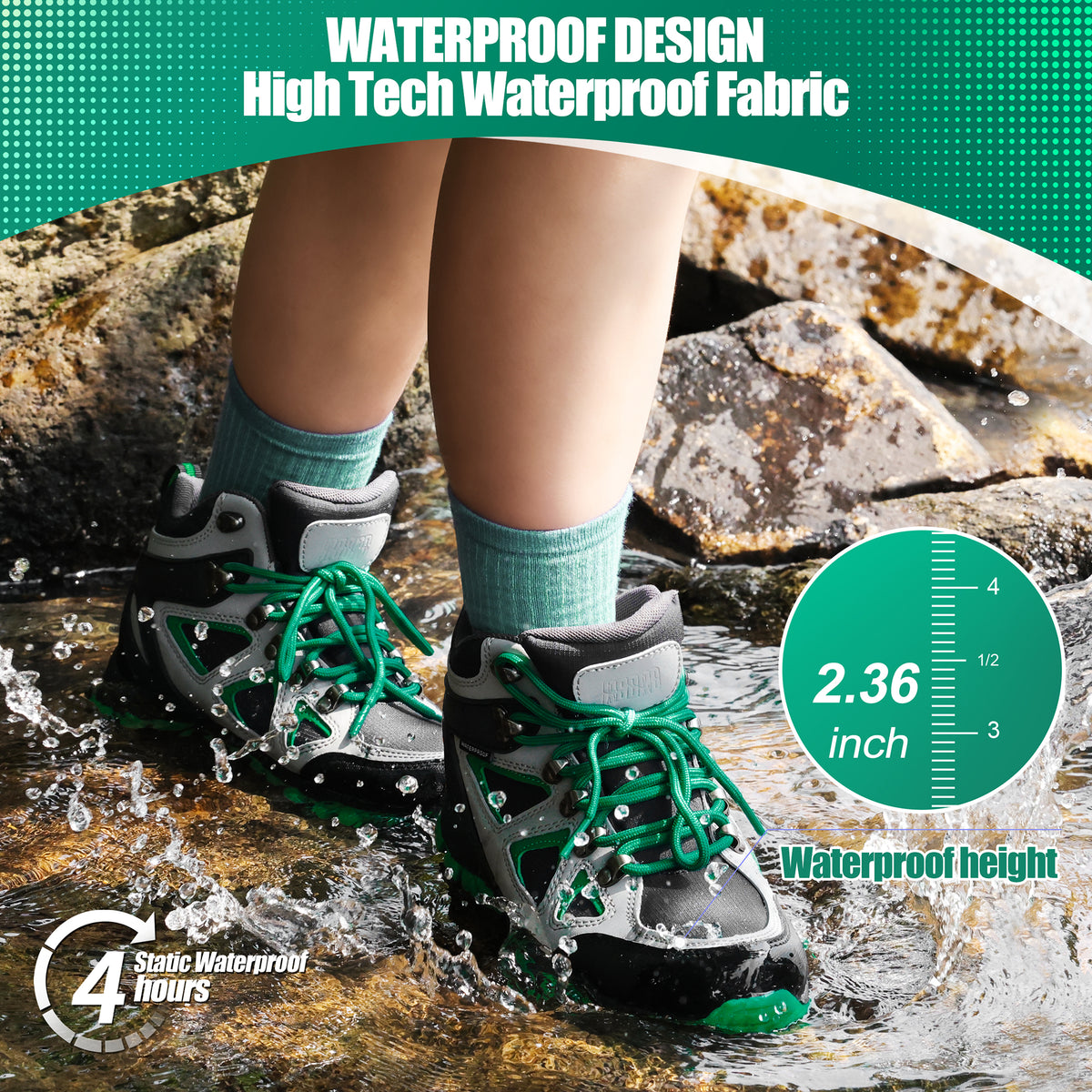 kids hiking boots with waterproof protection for family hiking, camping, wet grass and light rain [color:BlackGreen]