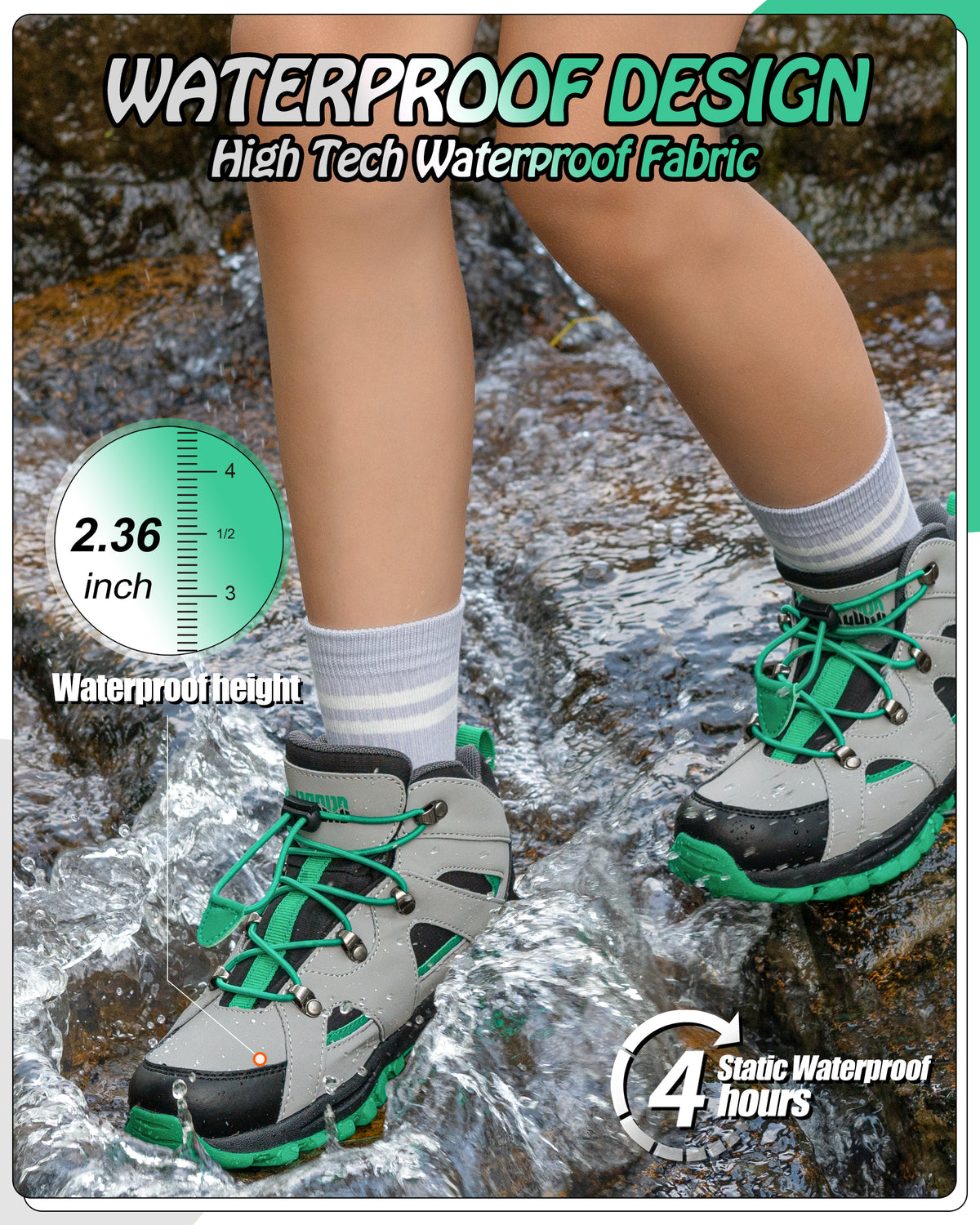 kids hiking boots with waterproof protection for school, playground, park, wet grass and light rain [color:BlackGreen]