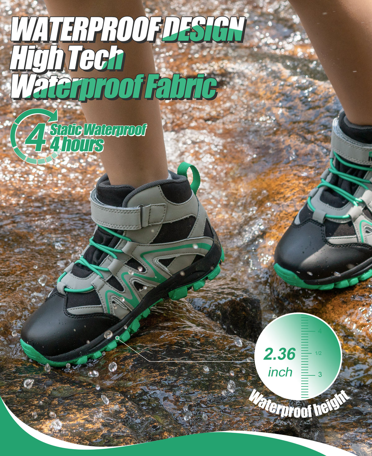 girls hiking boots with waterproof protection for school, daily wear, family outings, wet grass and light rain [color:BlackGreen]