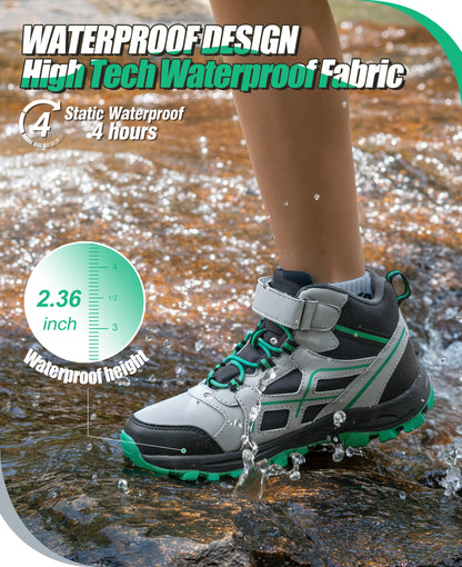girls hiking boots with waterproof protection for nature trails, family hiking, outdoor exploring, wet grass and light rain [color:BlackGreen]