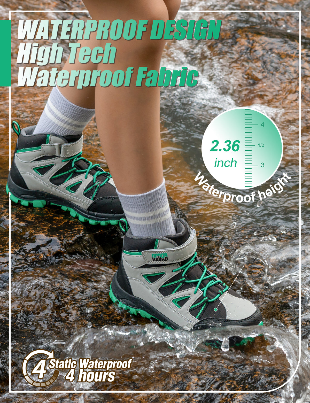 girls hiking boots with waterproof protection for rocky trails, dirt paths, outdoor adventures, wet grass and light rain [color:BlackGreen]