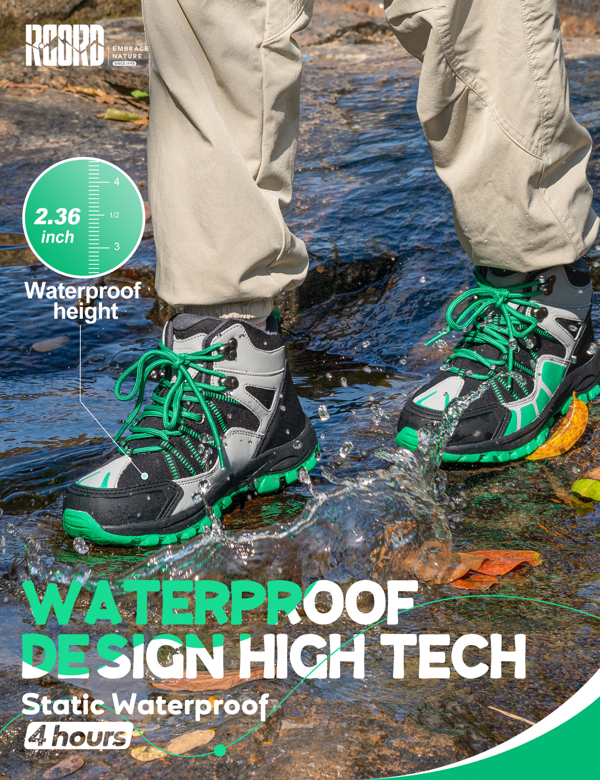 kids hiking boots with waterproof protection for uneven trails, family hiking, trail walking, wet grass and light rain [color:BlackGreen]