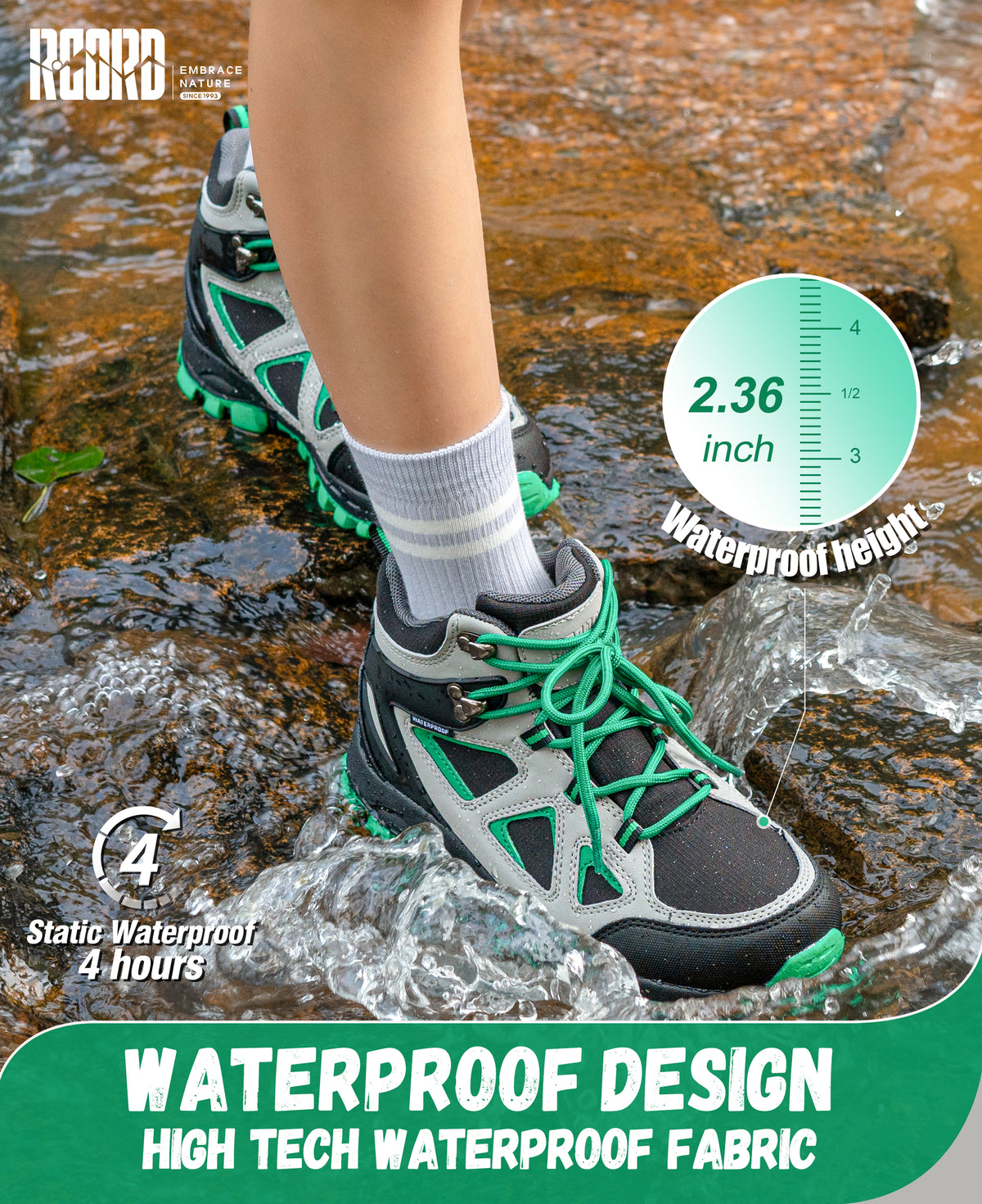 kids hiking boots with waterproof protection for nature walks, day hikes, warm-weather trails, wet grass and light rain [color:BlackGreen]