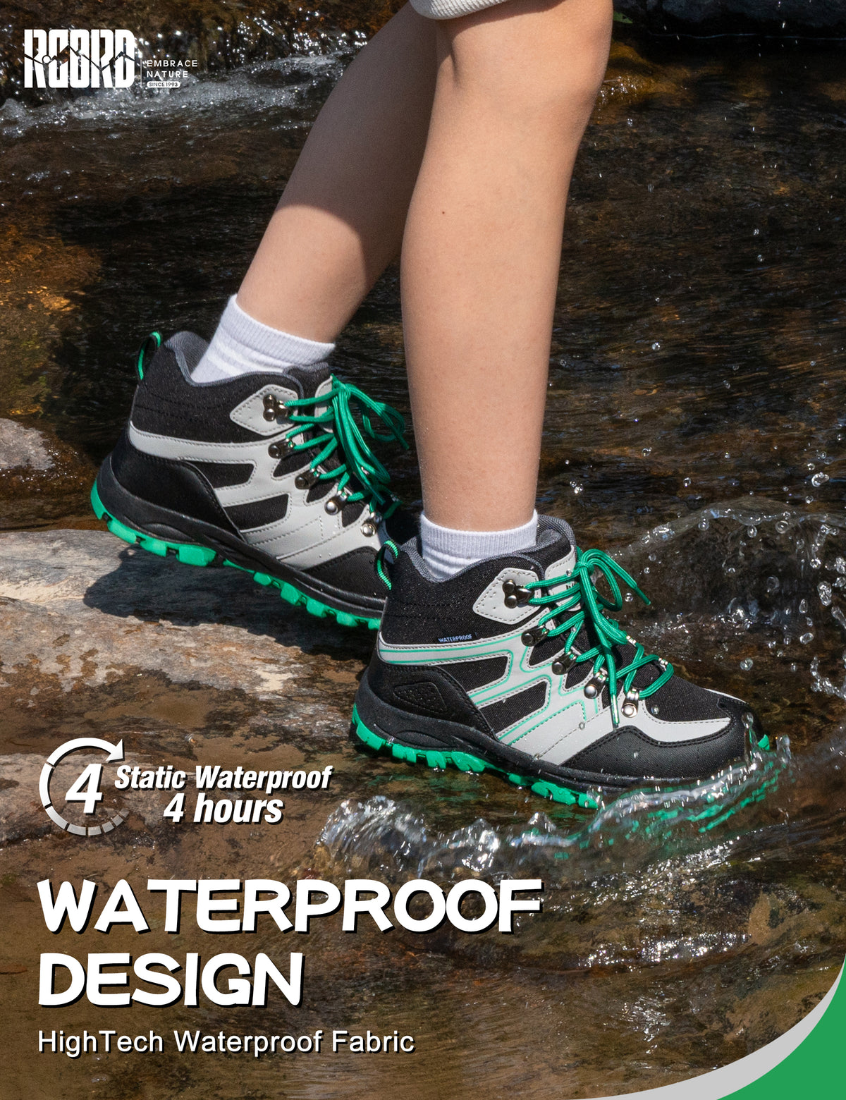 kids hiking boots with waterproof protection for school, park, weekend walks, wet grass and light rain [color:BlackGreen]