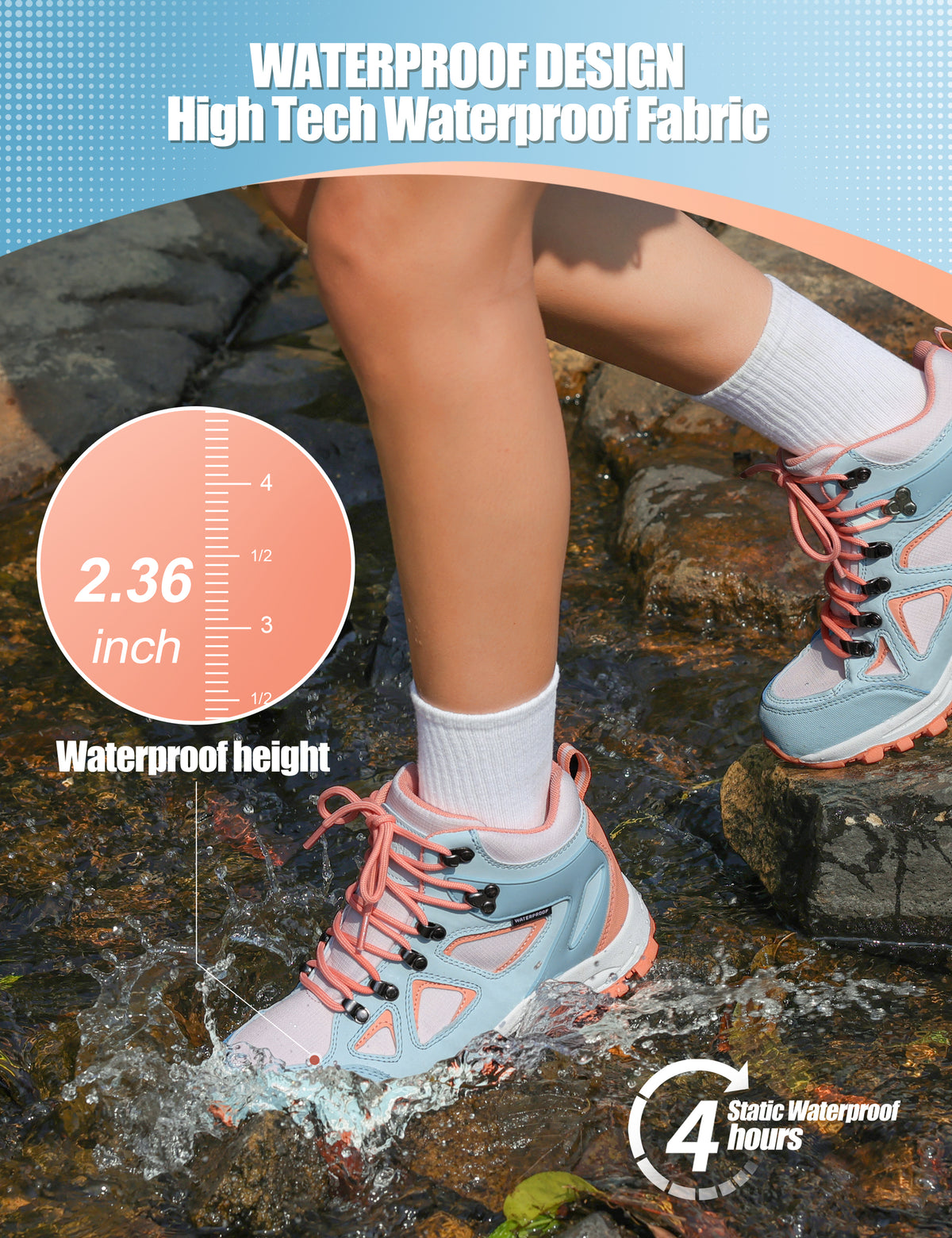 kids hiking boots with waterproof protection for family hiking, camping, wet grass and light rain [color:BluePeach]