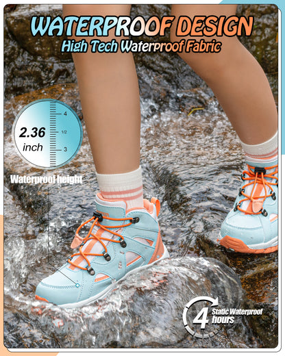 kids hiking boots with waterproof protection for school, playground, park, wet grass and light rain [color:BluePeach]