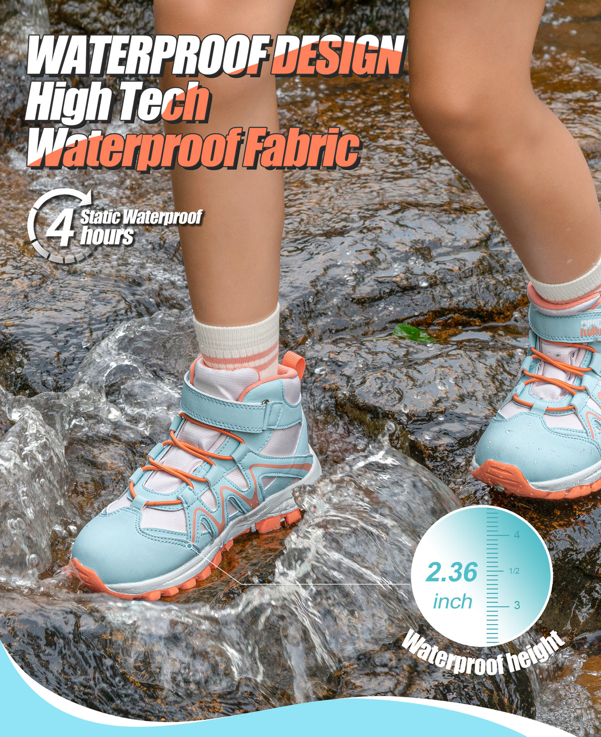 girls hiking boots with waterproof protection for school, daily wear, family outings, wet grass and light rain [color:BluePeach]