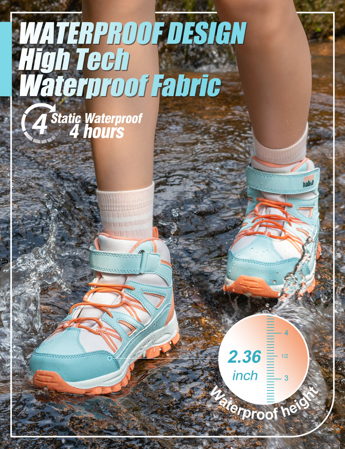 girls hiking boots with waterproof protection for rocky trails, dirt paths, outdoor adventures, wet grass and light rain [color:BluePeach]