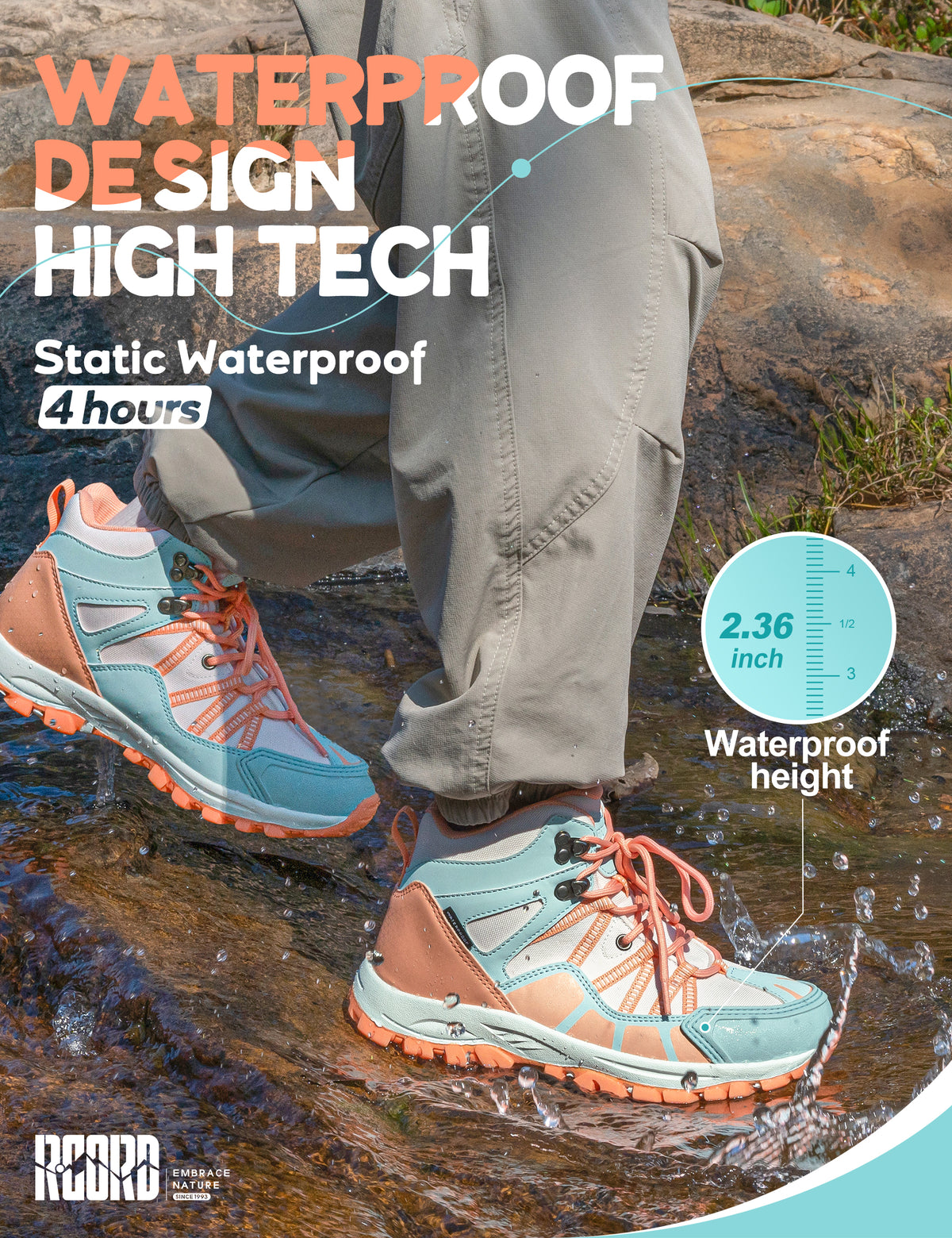 kids hiking boots with waterproof protection for uneven trails, family hiking, trail walking, wet grass and light rain [color:BluePeach]