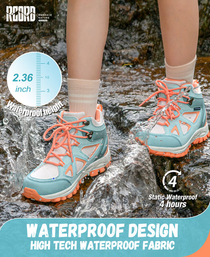 kids hiking boots with waterproof protection for nature walks, day hikes, warm-weather trails, wet grass and light rain [color:BluePeach]