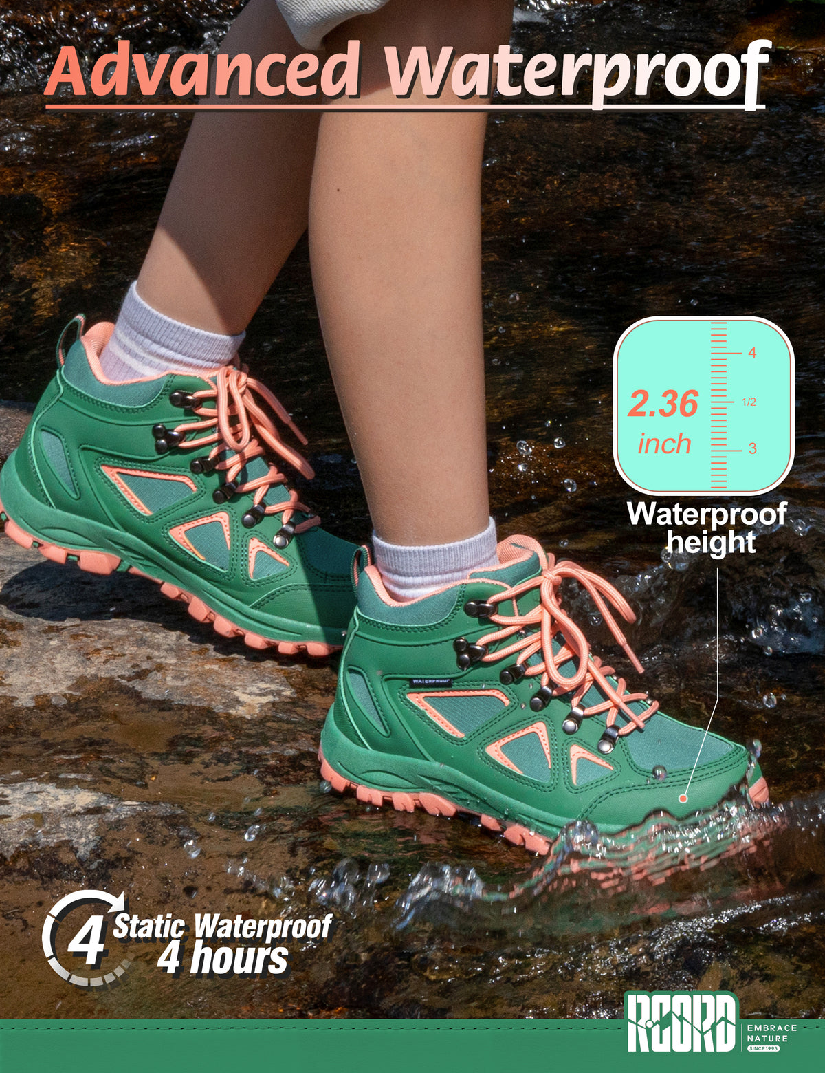 kids hiking boots with waterproof protection for family hiking, camping, wet grass and light rain [color:GreenPeach]