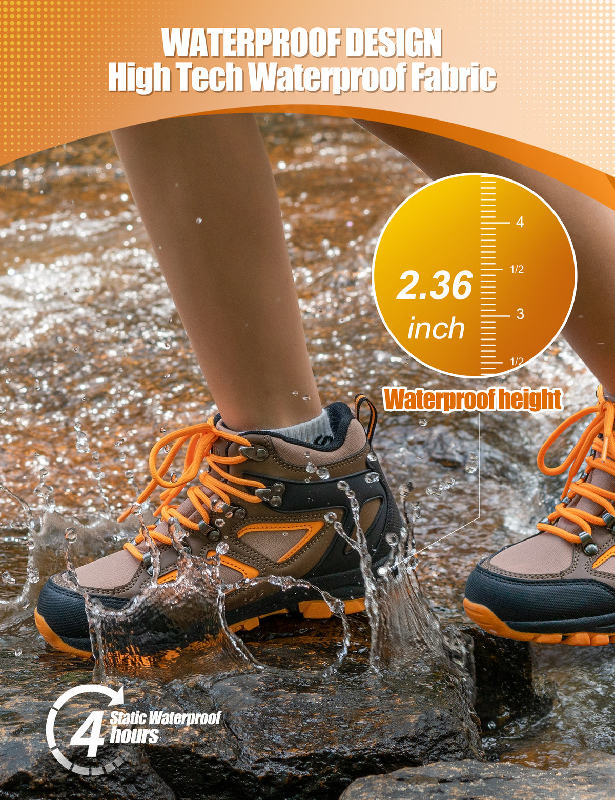 kids hiking boots with waterproof protection for family hiking, camping, wet grass and light rain [color:Khaki]