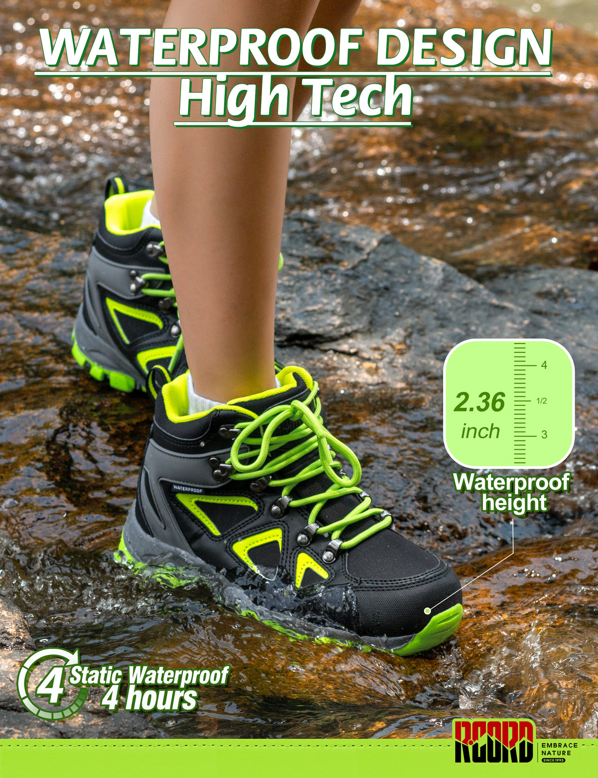 kids hiking boots with waterproof protection for family hiking, camping, wet grass and light rain [color:NeonGreen]