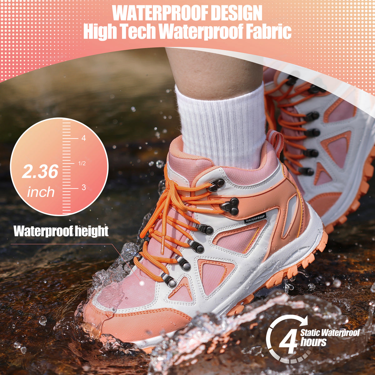 kids hiking boots with waterproof protection for family hiking, camping, wet grass and light rain [color:Peach]