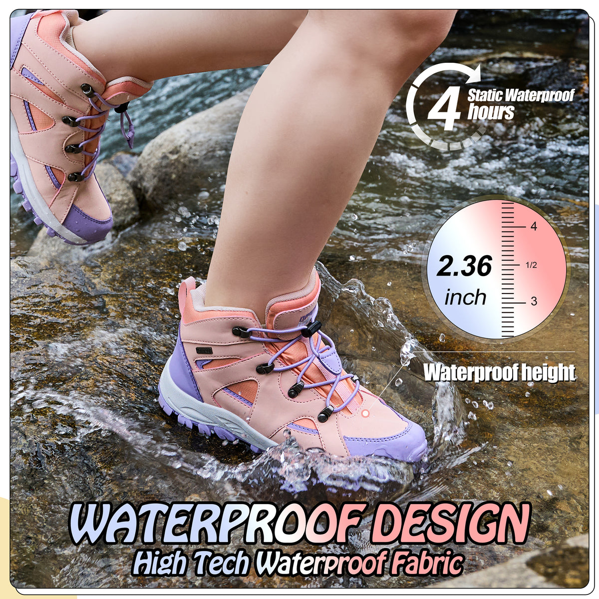 kids hiking boots with waterproof protection for school, playground, park, wet grass and light rain [color:Peach]