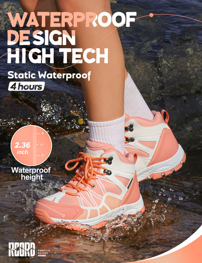 kids hiking boots with waterproof protection for uneven trails, family hiking, trail walking, wet grass and light rain [color:Peach]