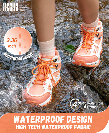kids hiking boots with waterproof protection for nature walks, day hikes, warm-weather trails, wet grass and light rain [color:Peach]