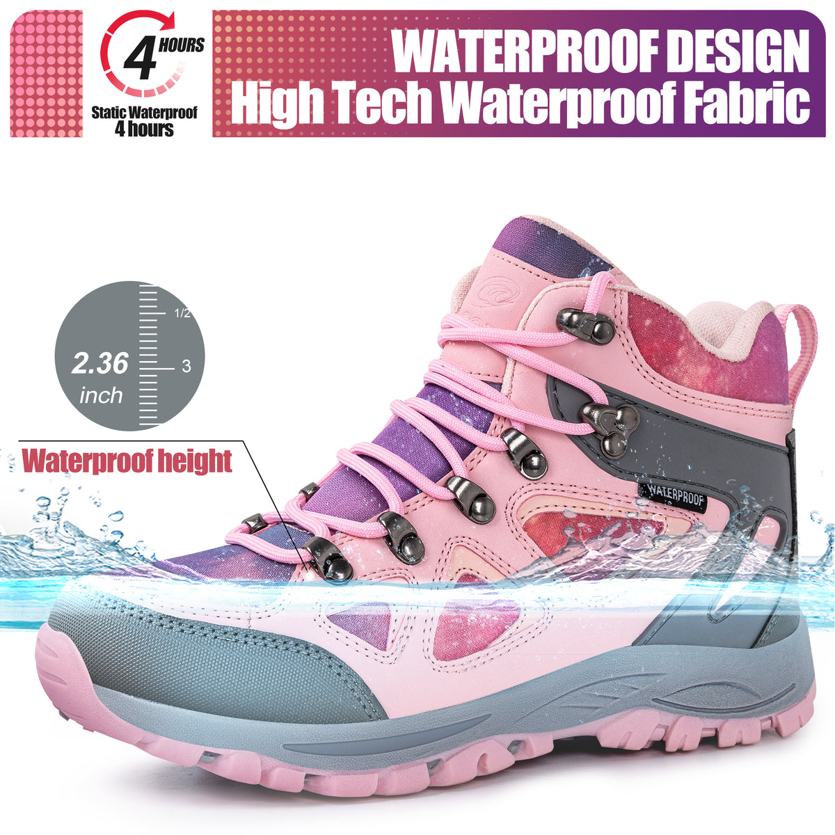 kids hiking boots with waterproof protection for family hiking, camping, wet grass and light rain [color:Pink]