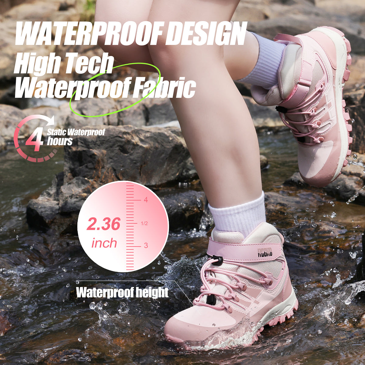 kids hiking boots with waterproof protection for outdoor adventures, wet grass and light rain [color:Pink]